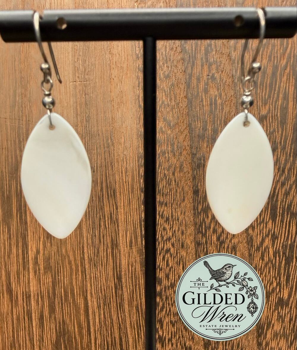 White Shell Dangle Earrings 925 Stamped Ear Wires 2” Drop Lightweight Pierced
